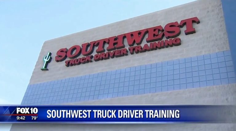 Southwest Truck Driver Training building exterior featured in a FOX 10 Phoenix news segment