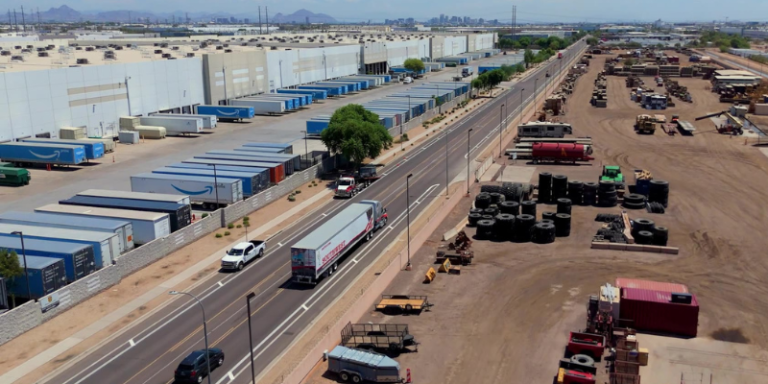 Aerial view of Southwest truck driving down road in Arizona
