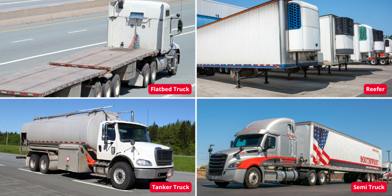 Four types of OTR freight trucks shown in a grid: flatbed truck, refrigerated reefer trailer, tanker truck, and dry van freight semi-truck