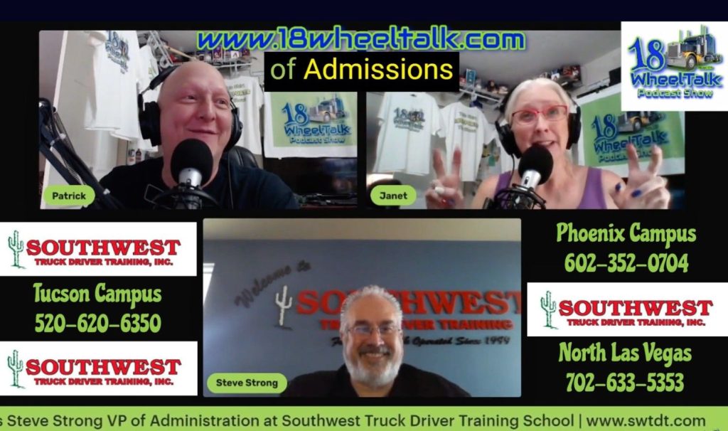 Steve Strong appearing on the 18 Wheel Talk Podcast with hosts Patrick and Janet to discuss CDL admissions