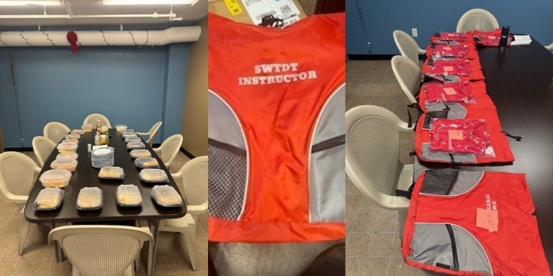 Southwest Truck Driver Training teacher appreciation collage showing a catered meal spread, an SWTDT instructor vest, and gift bags lined up for CDL instructors