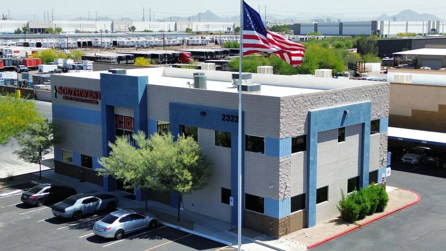 Drone view of Phoenix campus building and training yard
