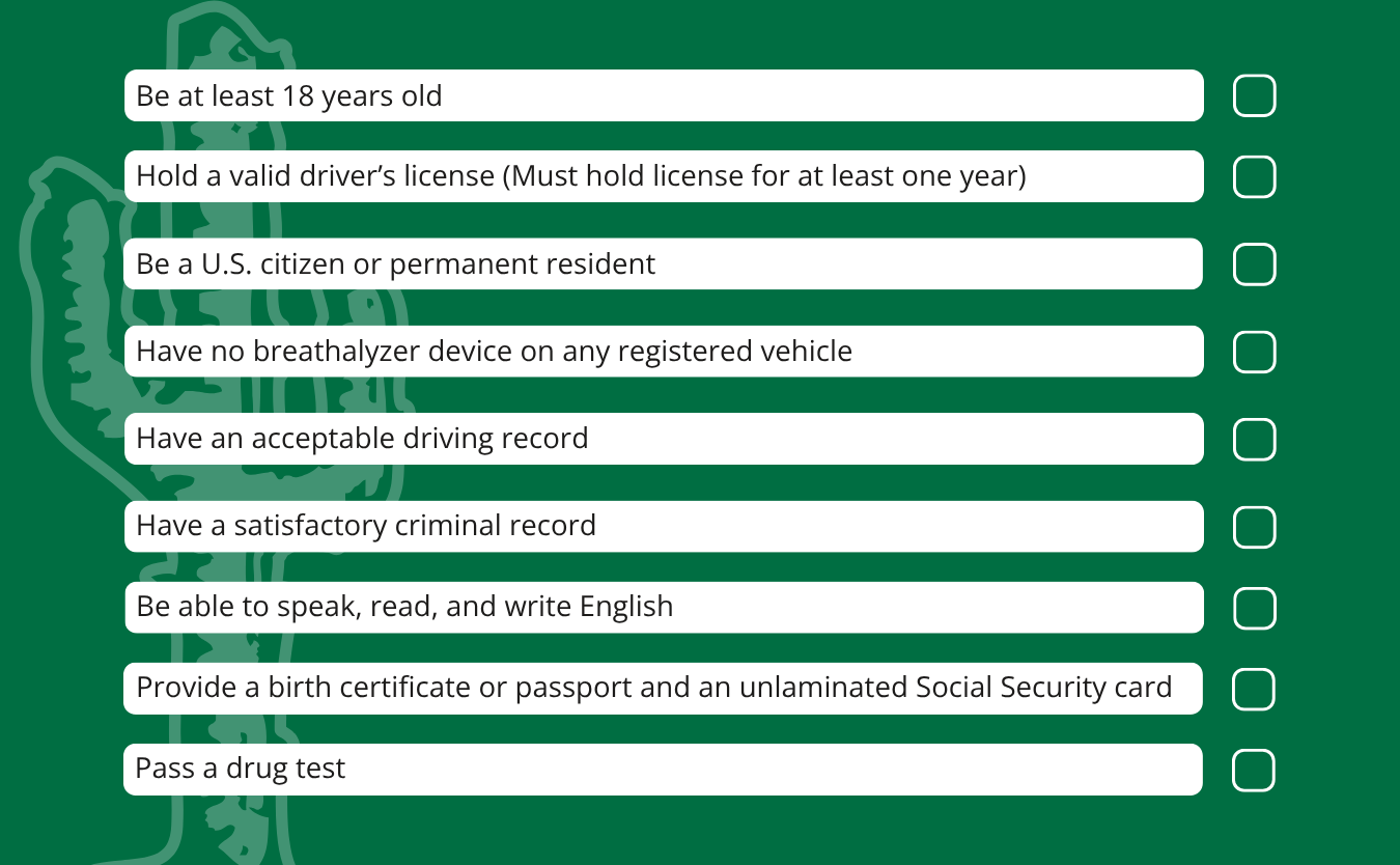 CDL school eligibility requirements checklist including age, driving record, drug test, and citizenship requirements