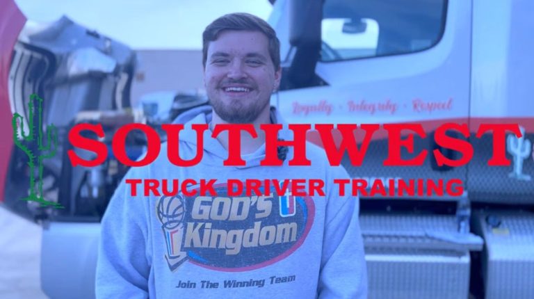 Jacob smiling, standing in front of a semi-truck at Southwest Truck Driver Training